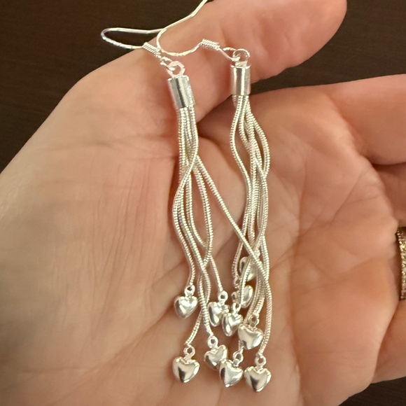 NEW Sterling Silver Tassel Heart Dangle Earrings - Picture 5 of 8